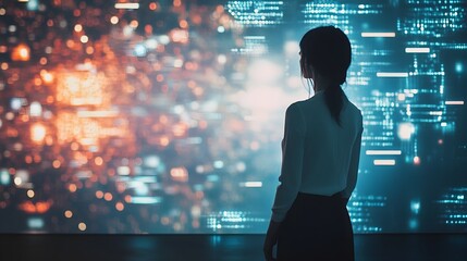 Futuristic Data Visualization in Cityscape at Night with Holographic Displays and Neon Lights