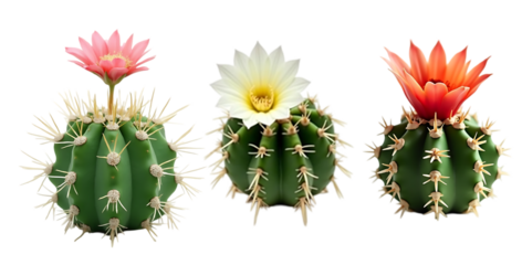 Three Flowering Cacti with Vibrant Blooms Isolated on White background