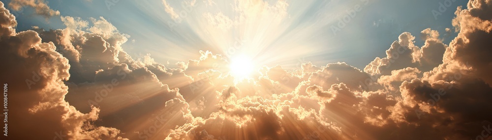 Poster sunlight breaking through clouds, creating a heavenly and uplifting atmosphere.
