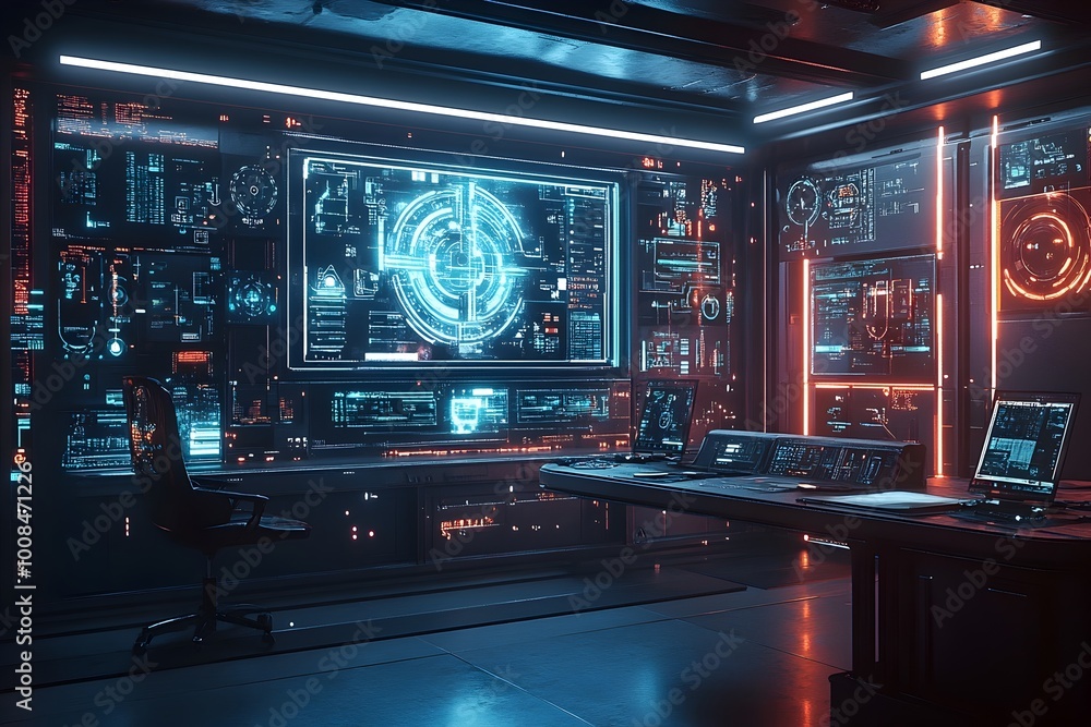 Poster futuristic digital design lab with holographic projectors displaying creative assets in 3d