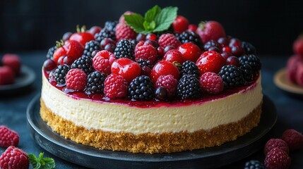 a delectable cheesecake topped with an array of fresh berries beautifully arranged to create an enticing visual feast capturing the essence of sweetness and indulgence