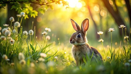 Fototapeta premium A solitary rabbit basking in the golden glow of a setting sun, surrounded by a field of delicate white wildflowers