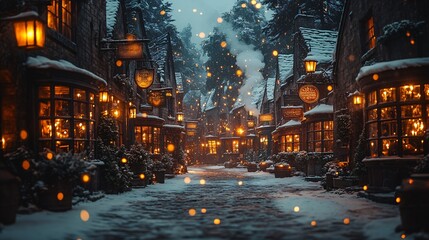 Enchanting nighttime scene of Hogsmeade village, with glowing lanterns, snow-covered streets, and the warmth of candlelight, evoking a sense of holiday magic and winter cheer