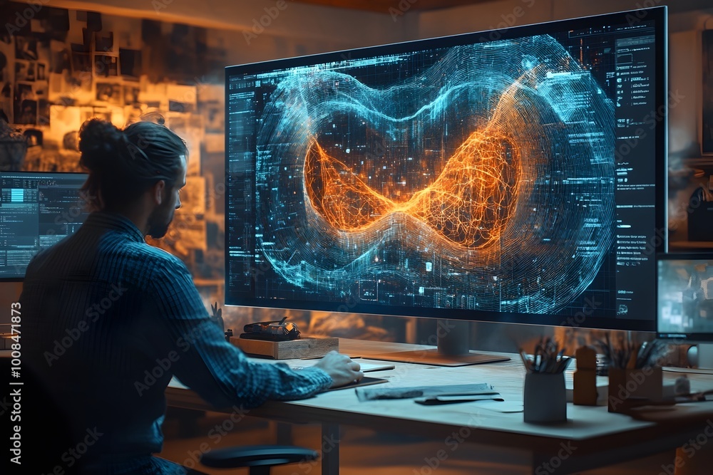 Poster designer in modern office creating futuristic holographic graphics on large screen for digital