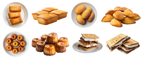 Collection of 4 set plate pile of little cake pastry dessert. French Financier almond, Madeleine Sponge, Canelé Canele, S'more smores on transparent cutout PNG file. Mockup template for artwork design