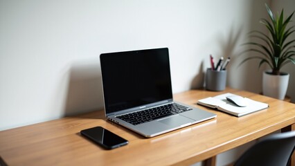 A modern workspace setup featuring a closed laptop, a desktop keyboard and mouse, a smartphone, a coffee cup, a small potted plant, and a desk lamp on a wooden desk. The background is minimalistic, cr