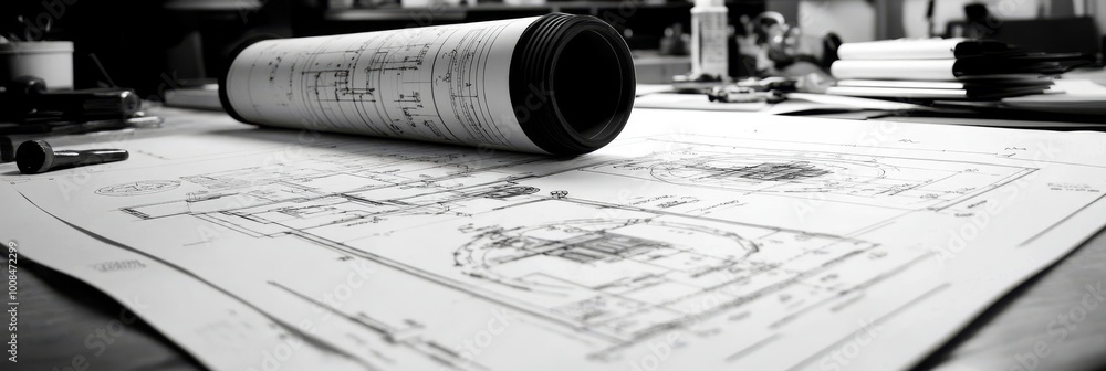 Poster black and white photo of rolled blueprint drawing on table with measurement tools in background