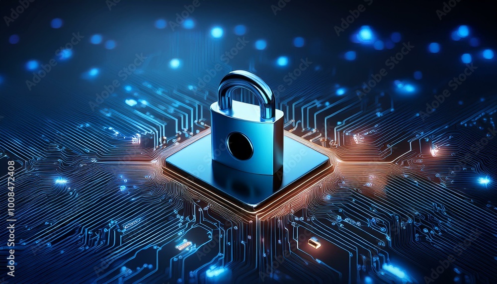 Poster digital security concept with a metallic padlock on a blue circuit board, symbolizing data protectio