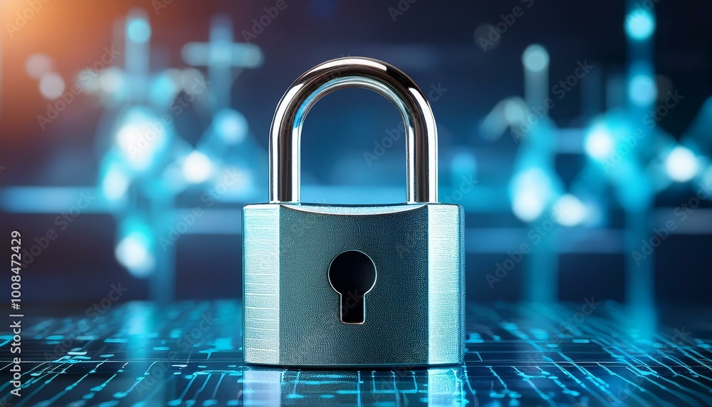 Poster digital security concept with a metallic padlock on a blue circuit board, symbolizing data protectio