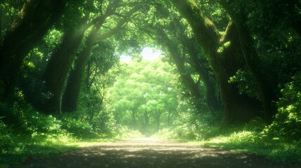 Fototapeta premium Whimsical Woodland Dreamscape, a vibrant anime cartoon-style backdrop featuring lush trees, enchanting foliage, and a serene atmosphere inviting adventure and imagination.