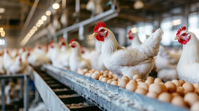 Chickens are actively laying eggs in a large, indoor chicken farm filled with hundreds of birds throughout the space. The environment is lively and productive