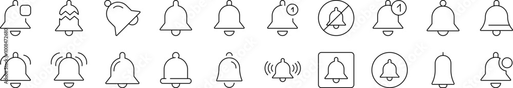 Poster bell as ring and notification outline simple linear image collection. editable stroke. suitable for 