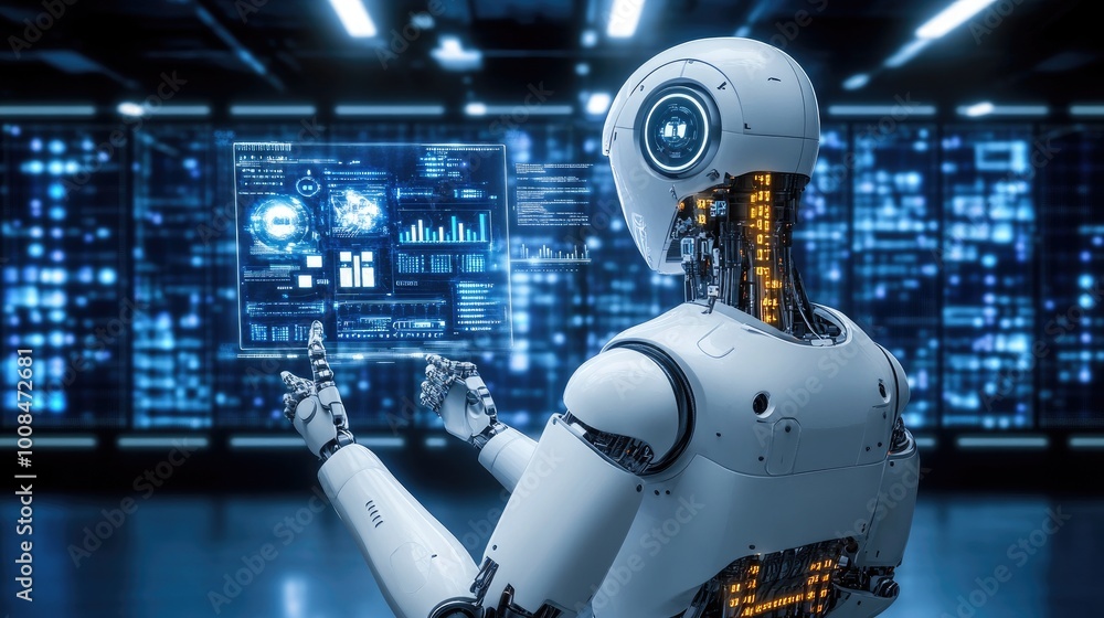 Poster a robot interacting with a holographic display, controlling complex data systems in real time