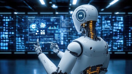 A robot interacting with a holographic display, controlling complex data systems in real time