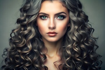Fototapeta premium a young caucasian, model woman with long, vibrant grey curly hair, Fair Skin, and Green Eyes, natural makeup, look and is looking directly at the camera with a Slight smile, studio shot