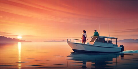 Obraz premium Couple enjoying a serene sunset on a boat in calm waters
