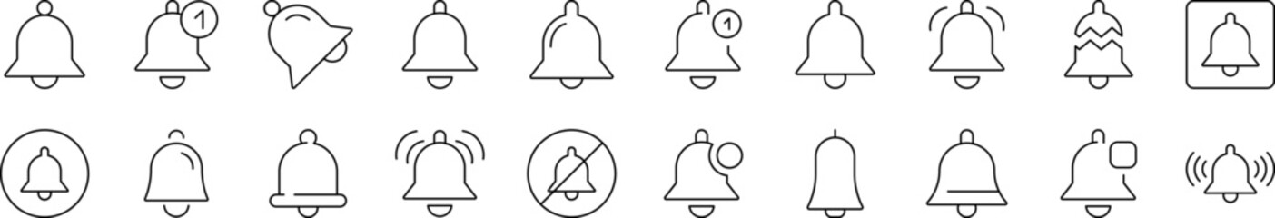 Bell as Ring and Notification Related Line Icons for Web Sites, Books, Cards, Apps. Editable Stroke. Suitable for Web Sites, Books, Cards, Apps