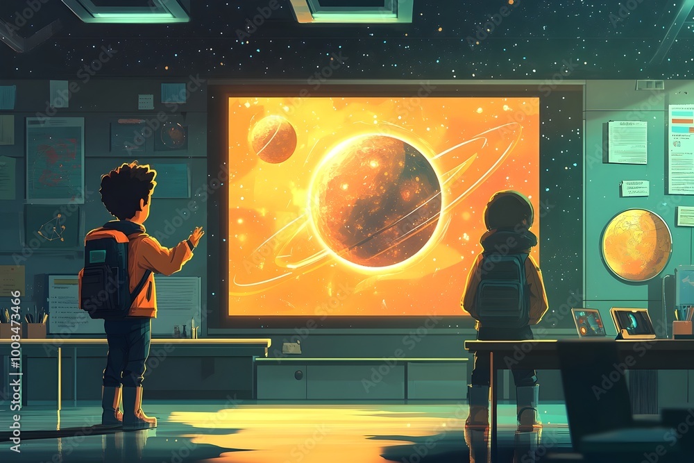 Poster flat style character interacts with holographic solar system display in futuristic classroom setting