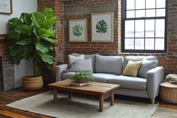 Cozy living room with plants and natural decor.