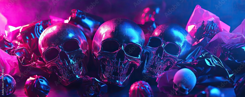 Aufkleber a collection of colorful skulls surrounded by shiny crystals, illuminated by vibrant neon lights, cr
