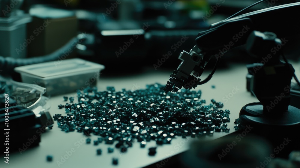 Poster a robotic arm assembling parts on a factory floor, showcasing advanced automation technology