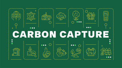 Carbon capture green word concept. Nature environment, preservation. Deforestation, pollution. Horizontal vector image. Headline text surrounded by editable outline icons. Hubot Sans font used