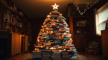 Alternative Eco christmas tree made from pile of books and lights. Creative DIY Christmas Tree. Idea creative Zero waste Interiors decorations at holiday xmas