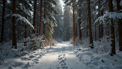 Fototapeta premium A snowy forest path, trees covered in snow, sunlight filtering through the trees.