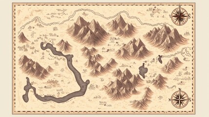 Obraz premium Hand-drawn vintage map with mountains, a river, and compass roses.