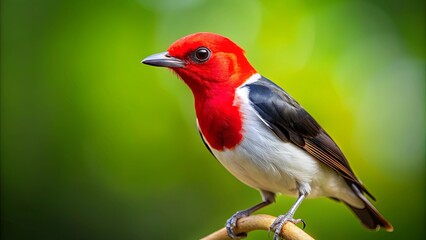 Fototapeta premium A Striking Scarlet Bird Perched on a Branch, Its Red and White Plumage Vibrant Against a Lush Green Background