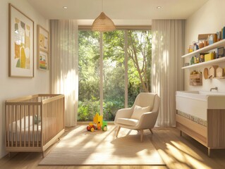 Fototapeta premium A nursery room with a crib, a rocking chair, and a changing table. The room has a window with a view of trees