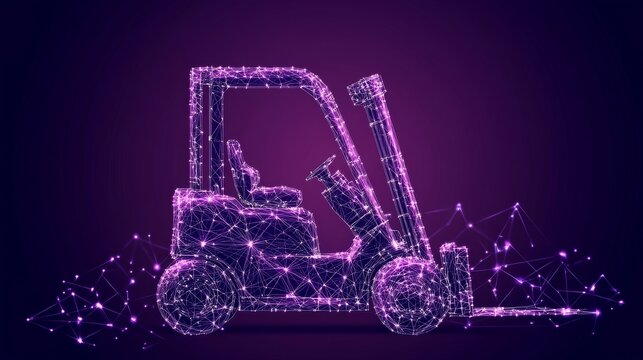 Abstract Polygonal Forklift on Purple. Automation, Logistics, and Technology Concept.