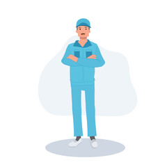 Male Cleaner Cartoon in Blue Uniform Standing Confidently with Arms Crossed.