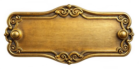 Classic brass nameplate, isolated on white, designed for vintage aesthetics. A great choice for decorative signage that