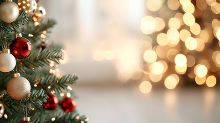 Festive Living Space, a cozy room adorned with a beautifully decorated Christmas tree, twinkling lights creating a warm, inviting atmosphere perfect for holiday celebrations.