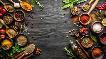 Aromatic Spices and Herbs Arranged Around a Dark Wooden Surface, Ready to Enhance Culinary Creations
