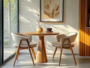 A table with two chairs and a vase on it. The chairs are wooden and have a curved back