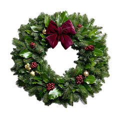 Classic Christmas wreath adorned with holly leaves, red berries, gold ornaments, and a rich burgundy bow. Perfect for adding an elegant and festive touch to holiday decor.