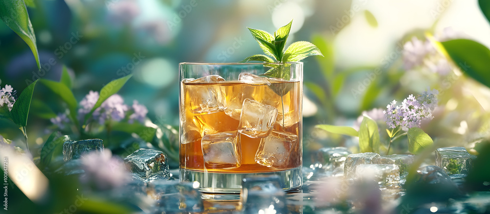 Poster copy space image of a refreshing cold drink made with aromatic dead nettle wildflower and ice cubes 