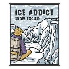 Brave adventurer takes a break from mountaineering to admire snowy peaks, offering a serene view for vintage t shirt designs