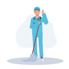 Male Cleaner, janitor Cartoon in Blue Uniform with Mop Cleaning Floors