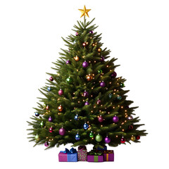 Beautiful Christmas tree adorned with vibrant ornaments in purple, green, and gold. Presents wrapped in festive paper sit beneath, creating a warm and joyful holiday atmosphere.