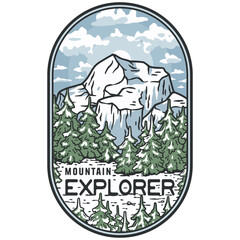 Stylized vector emblem featuring a snowy mountain peak rising high above a frozen landscape, beneath a cloudy sky with an eagle soaring gracefully