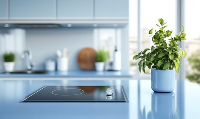  Kitchen with an empty blue countertop against a blurred background of a modern interior. Tabletop for product presentation. Clean mockup for food or laundry detergent, washing. 