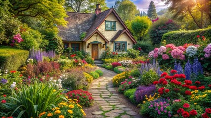 Fototapeta premium A Stone Path Leading to a Charming Cottage Nestled Among a Lush Garden of Vibrant Blooms