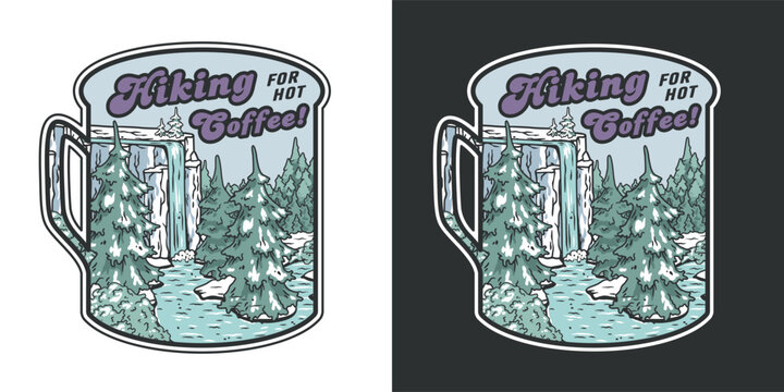 Vintage style illustration for a mug design, showcasing the beauty of a winter hiking adventure with a snowy waterfall and majestic pine trees