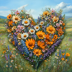 Vibrant Wildflowers in Heart Shape