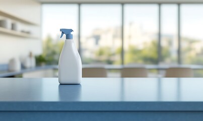  Kitchen with an empty blue countertop against a blurred background of a modern interior. Tabletop for product presentation. Clean mockup for food or laundry detergent, washing. 