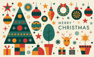 Modern Flat Christmas Holiday Design Elements, Vector Minimalist Style
