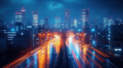 Obraz premium a futuristic cityscape features towering illuminated skyscrapers intertwined with advanced technology radiating a vibrant energy that encapsulates the pulse of modern urban life and innovation